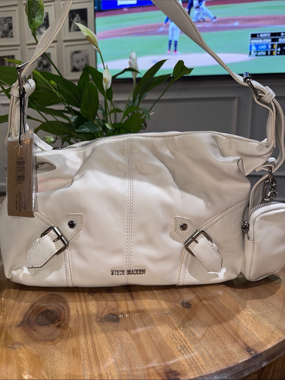 Steve Madden White Leather Shoulder Hobo with Buckle Detail